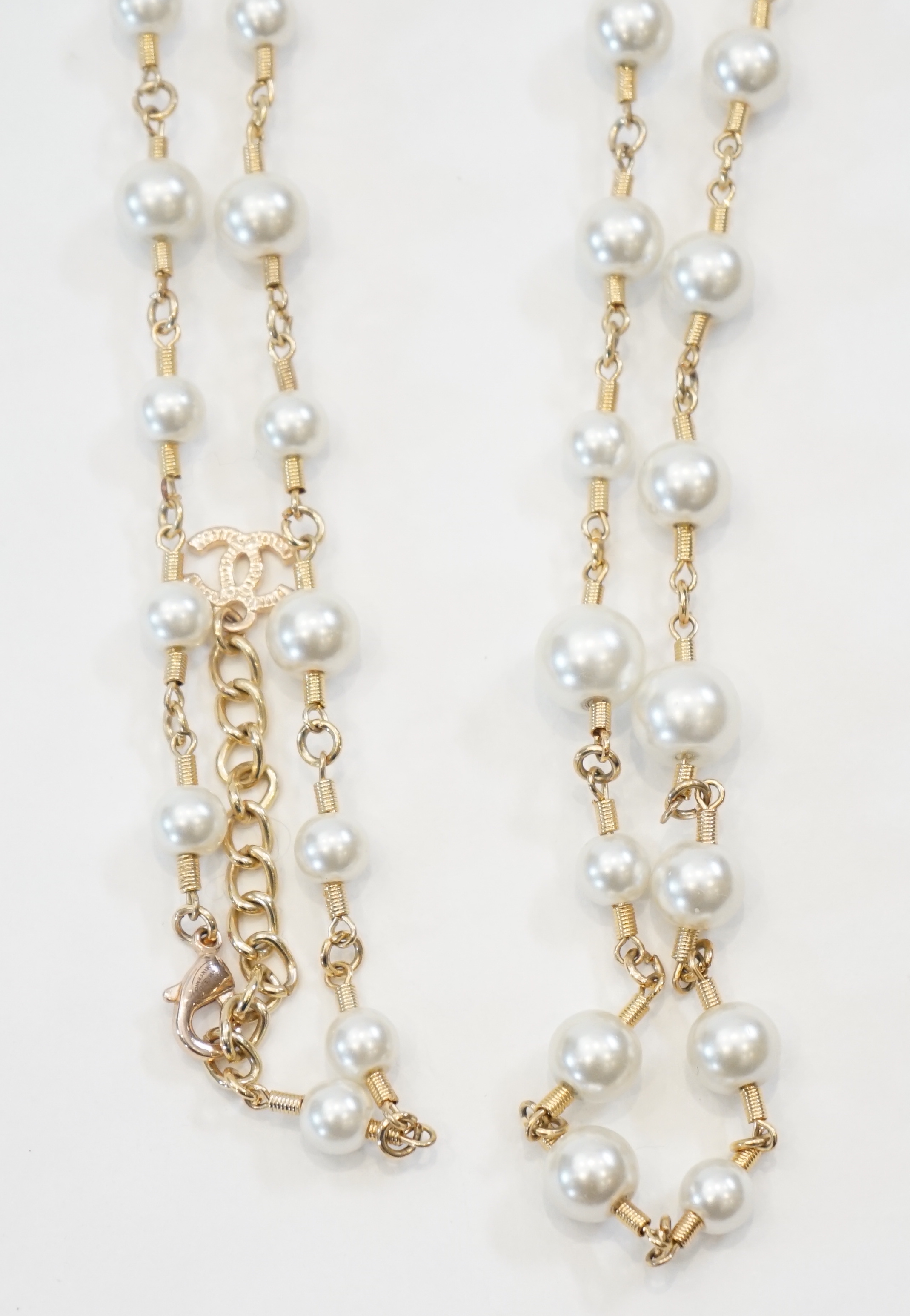 A Chanel gold plated 3 CC scatter pearl long necklace full length 160cm (63')